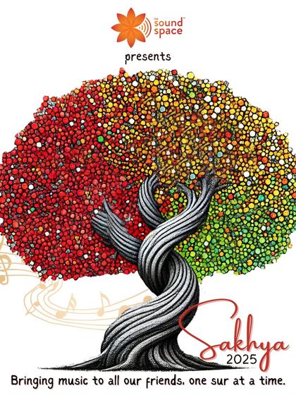 Our official poster for the 'Sakhya 2025' showcase. The intertwined tree represents our theme of friendship and bringing people together through the roots of music.
