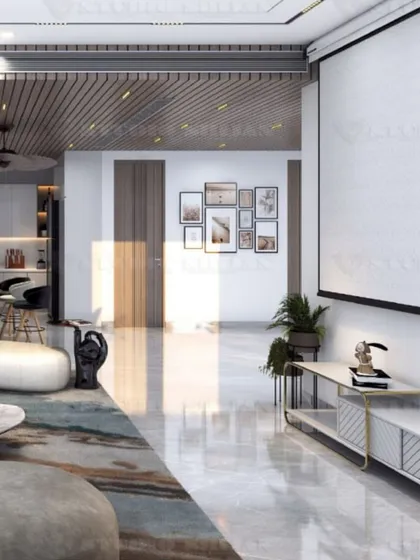 This view highlights the projector screen and the minimalist console table, showing how technology is seamlessly integrated into the design.