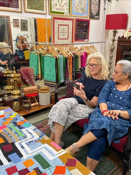 Here I am with Sally from Textile Travels, planning a future workshop. My studio is a place for collaboration and sharing the love of embroidery with people from all over the world.