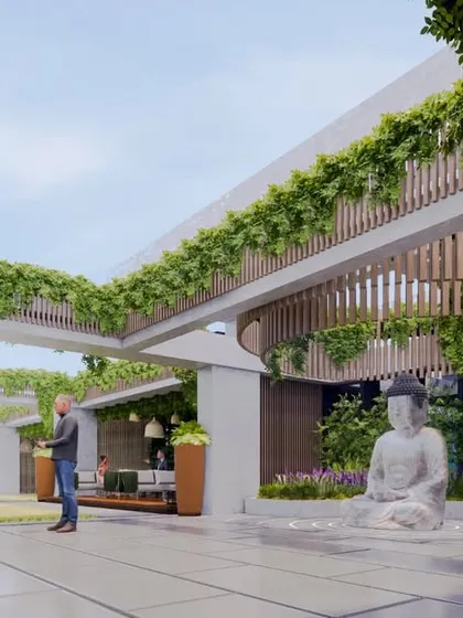 A serene office terrace concept designed as a corporate retreat. The space features lush greenery cascading from pergolas, comfortable seating areas, and a peaceful Buddha statue to help employees unwind and rejuvenate.