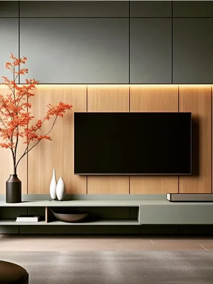 A sleek and modern TV unit design with a wood-paneled accent wall and a contrasting sage green floating console. The clean lines are enhanced by a continuous LED light strip running above the television.