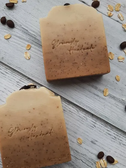 For those who love a good scrub, my Scrubby Coffee soap is a perfect choice. I make it with real coffee grounds for exfoliation and creamy oat milk to soothe the skin, all arranged in a beautiful gradient design.