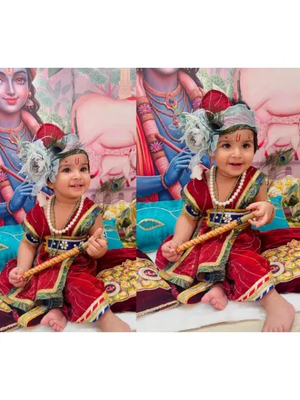 Seeing my creations become part of your memories is the best feeling. This little one looks absolutely adorable as Kanha for his Janmashtami celebration in one of my custom festive outfits.