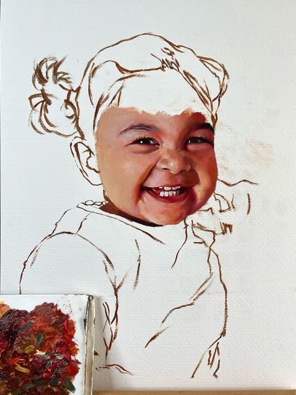 A work-in-progress shot of my daughter's oil portrait. You can see the face is rendered with soft, blended tones, while the rest of the painting is still a line drawing.
