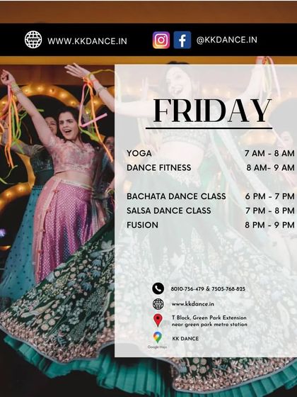 End your work week with a dance session. Our Friday schedule includes morning Yoga and Dance Fitness, plus evening classes for Bachata, Salsa, and Fusion.