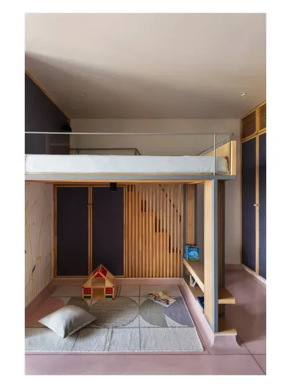 For the 'House of Skye' project, I designed this bunk bed to be more than just a place to sleep; it's a compact, multi-functional unit for a child's room. The design integrates a play nook below and hidden storage within the slatted rubberwood steps, making it a smart and playful solution for maximizing space.