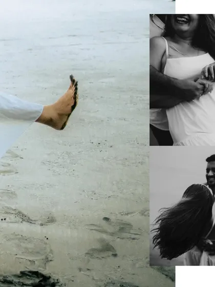 An artistic collage of black and white details from a beach shoot, focusing on feet in the sand and candid moments.