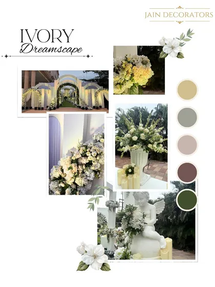 My process begins with your vision. This moodboard for an 'Ivory Dreamscape' theme shows how I translate ideas into a tangible design direction, defining the color palette, textures, and key elements to ensure the final decor is a perfect reflection of you.