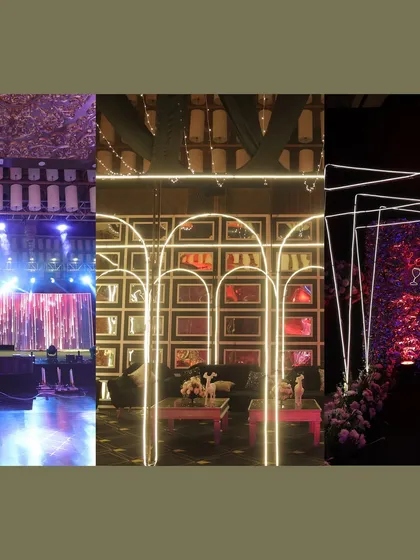 A collage of a glamorous blue-themed Sangeet, showcasing neon-lit arches, a grand stage, and dramatic lighting effects.