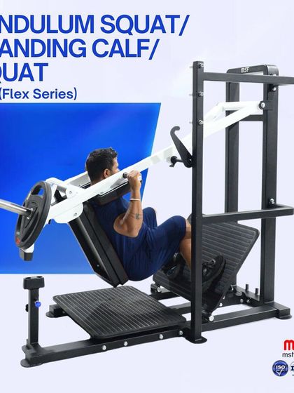 A side profile of the 3-in-1 Pendulum Squat machine, showing the range of motion and the adjustable safety stoppers for a secure workout.
