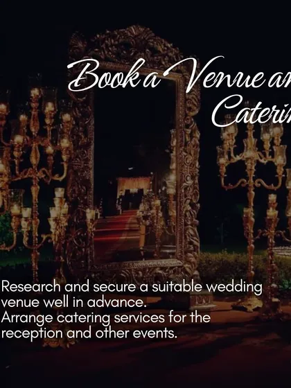 A graphic from our wedding checklist, highlighting the first step: booking a venue and catering.