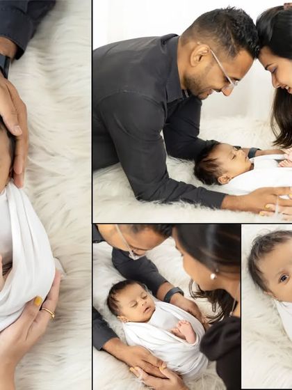 A collage of beautiful moments from a newborn family session, showing different poses and the love shared.