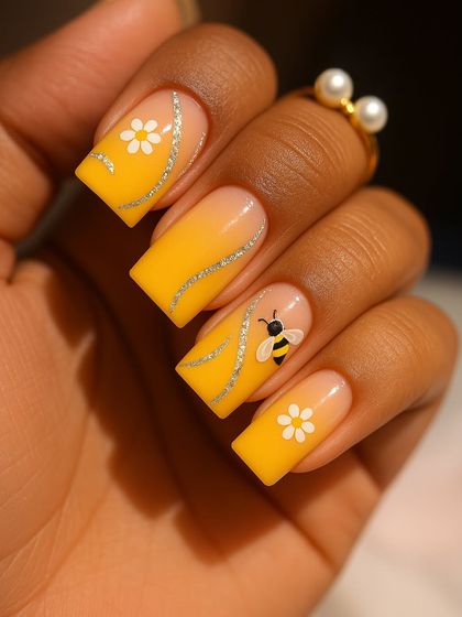 Dipped in sunshine and honey. This summery set features a bright yellow base with hand-painted daisies, a cute bumblebee, and sparkling silver glitter accents.