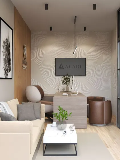 This is a 3D visualization of a private office and client consultation area I designed. The space balances professionalism with comfort, using textured walls, warm wood tones, and a glass partition to create an environment that is both functional and impressive.