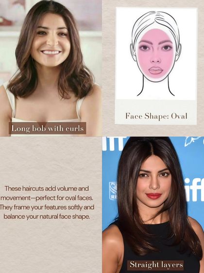 For an oval face shape, styles like a long bob with curls or straight layers add beautiful volume and movement. These cuts softly frame the face and balance your natural proportions.