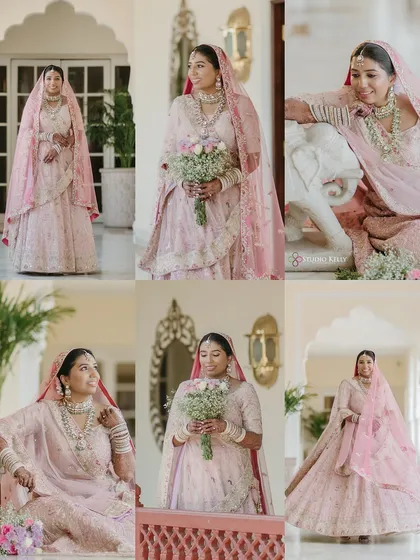 A collage of the beautiful bride in her pastel pink lehenga at the Jai Mahal Palace, capturing her elegance from every angle.