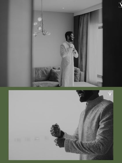 A black and white collage of the groom getting ready. The shots capture him adjusting his cuffs and smiling, framed by the soft light from a window, creating a cinematic feel.