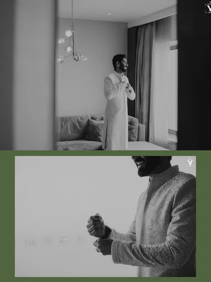 A black and white collage of the groom getting ready. The shots capture him adjusting his cuffs and smiling, framed by the soft light from a window, creating a cinematic feel.