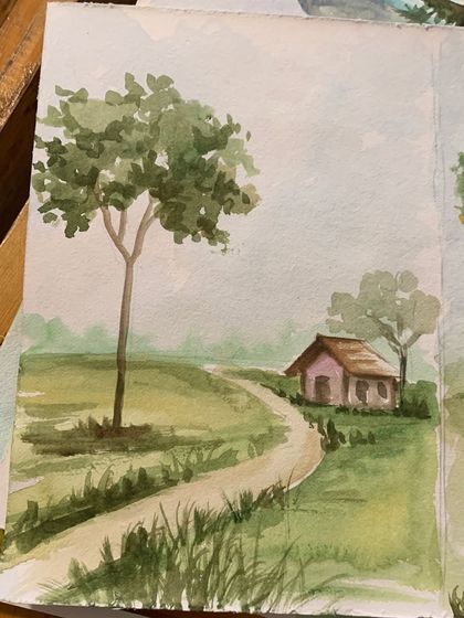 A simple yet charming watercolor landscape by a student. Our foundation course helps you gain the confidence to create complete scenes from your imagination or references.