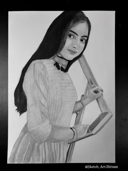This A4 portrait was for a client in Gorakhpur. I enjoyed the challenge of sketching the metallic sheen of the staircase railing alongside her portrait.