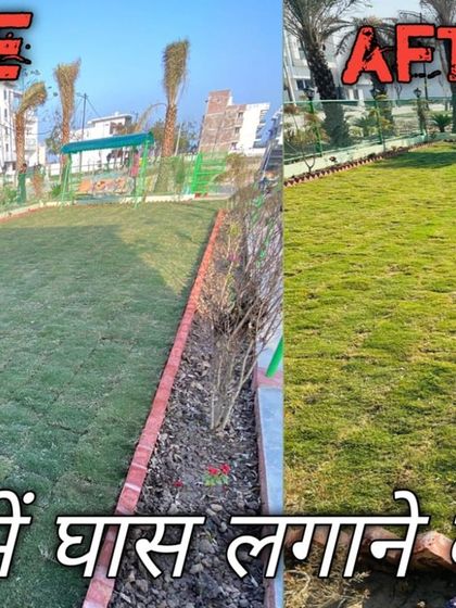 A before and after collage showing the incredible transformation of a garden space after my team installed a new lawn.