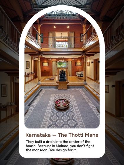 In the monsoon-heavy Malnad region of Karnataka, the 'Thotti Mane' features a drain built right into the center of the house. This shows a philosophy of designing for the rain, not fighting it, a lesson in adapting to the environment.