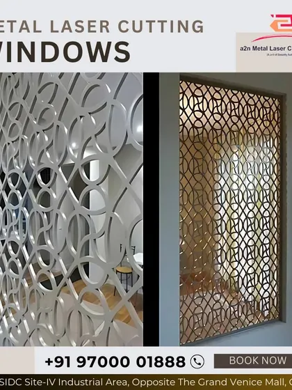 Two examples of metal laser-cut window screens. The designs, one with interlocking circles and the other with a geometric weave, demonstrate how we can create custom screens that provide security, privacy, and a unique decorative touch.