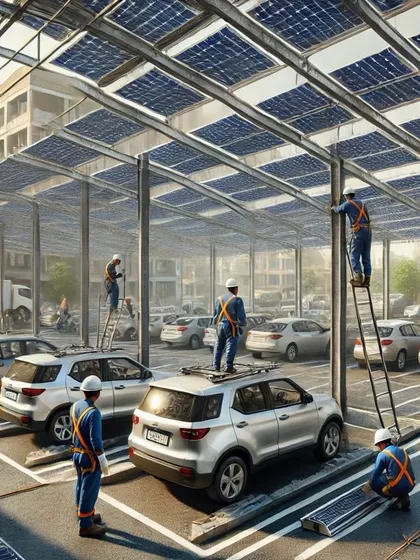 We can transform any open parking area into a solar power hub. This image shows our team installing a multi-car solar canopy, a perfect solution for housing societies and commercial buildings.