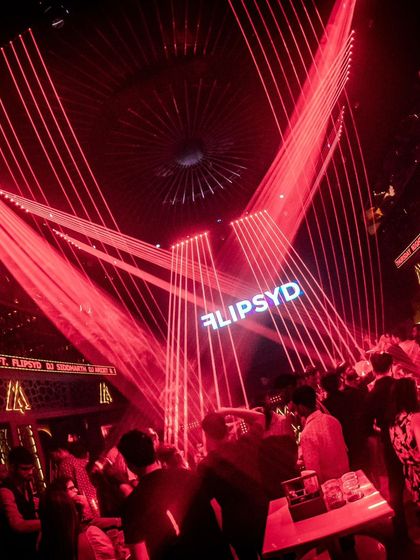 The stunning red laser show over the dancefloor in Hyderabad. A visual spectacle.