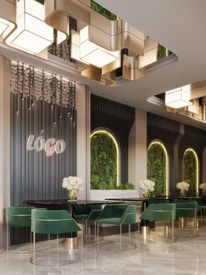 This section of the restaurant incorporates biophilic design with vertical green walls set within arched niches. The combination of natural elements with modern lighting and dark paneling creates a sophisticated yet refreshing ambiance.