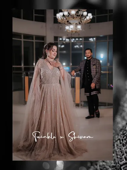 A beautifully edited photo of the couple, Twinkle and Shivam, from their engagement. The black and white treatment with their names adds a personalized, elegant touch.