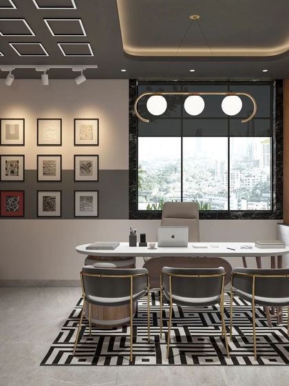 An executive cabin that balances modern design with a commanding view. The geometric rug, gallery wall, and statement lighting create a sophisticated atmosphere for leadership.