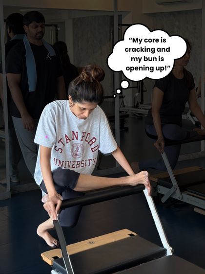 Thought bubble: "My core is cracking and my bun is opening up!" The internal monologue during a deep stretch is always interesting.