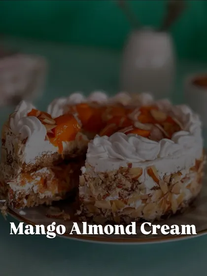 A closer look at my Mango Almond Cream cake. The crunch of the almonds pairs beautifully with the soft cream and sweet mangoes.