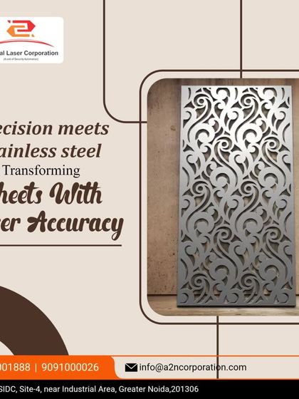 A promotional graphic showcasing a stainless steel sheet with a swirling, intricate laser-cut pattern. This highlights our ability to transform simple metal sheets into decorative art pieces with flawless accuracy.