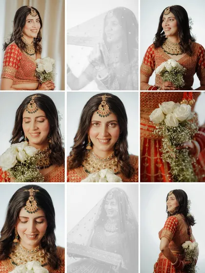 A grid collage of a smiling bride in a red and gold lehenga holding a bouquet of white roses, capturing her happiness from multiple angles.
