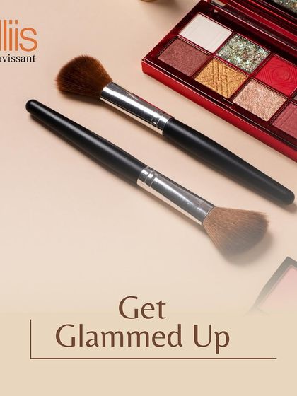 It's time to get glammed up. This image, featuring professional brushes and a vibrant eyeshadow palette, signals our readiness to create your next stunning festive or party look.
