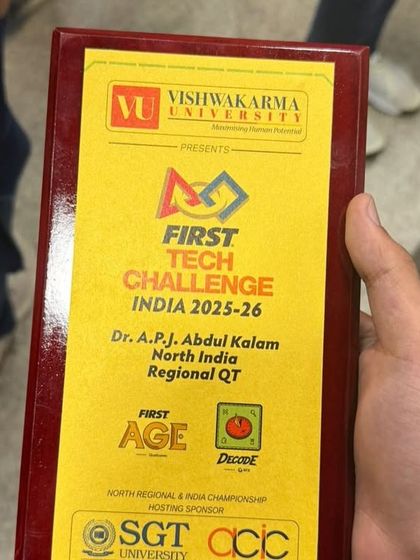 The prestigious Finalist Alliance Captain Award plaque won by our FTC team Metal Mavericks at the North India regional championship.