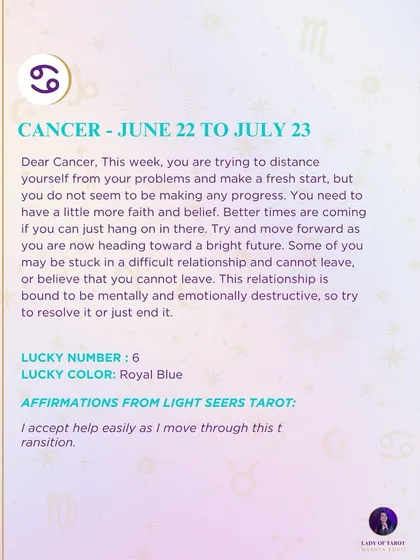 A weekly tarot prediction for Cancer. The cards suggest you are trying to distance yourself from problems and make a fresh start, with better times ahead.