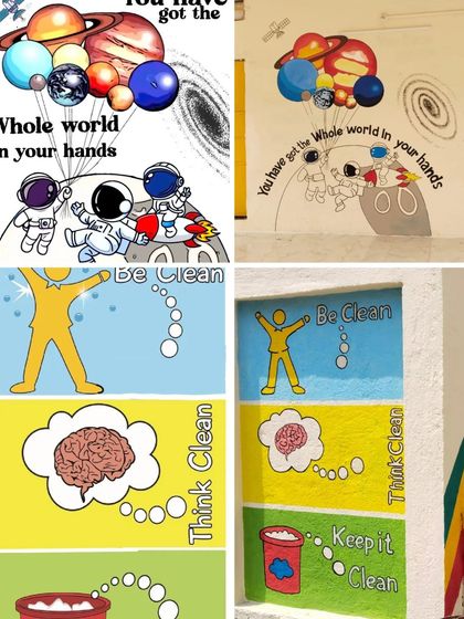 Murals with themes of space exploration and cleanliness, showing the range of educational topics I cover.
