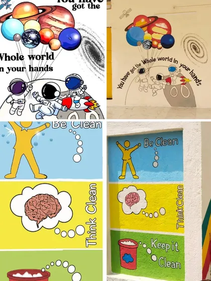 Murals with themes of space exploration and cleanliness, showing the range of educational topics I cover.