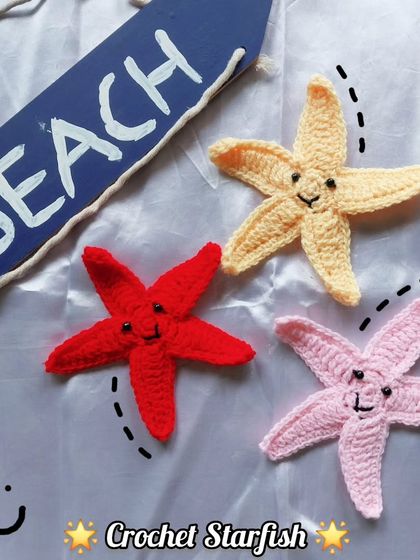 A trio of happy little crochet starfish in different colors. These are perfect for beach-themed party favors or nursery decorations.