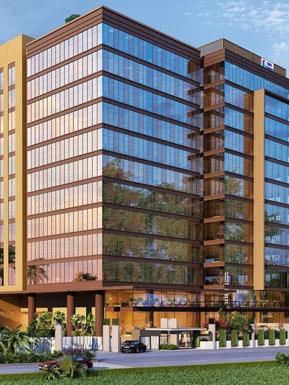 This render shows the street-level presence of the Sarjapur Road commercial building, featuring a glass-heavy facade for a modern, corporate look.