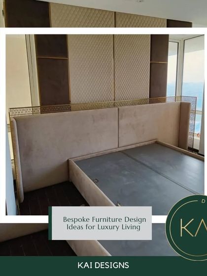 A custom bed with an extended, upholstered headboard featuring intricate paneling and metallic accents. This design creates a luxurious, hotel-like feel, turning the entire wall into a statement feature.