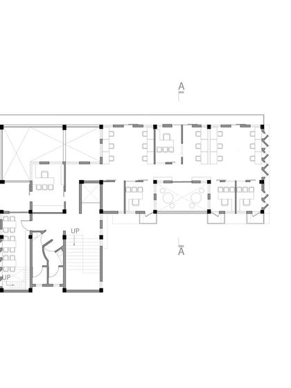 A typical floor plan for the ASA Office, illustrating the layout of workstations, meeting rooms, and the central corridor that opens onto balconies and shared spaces.