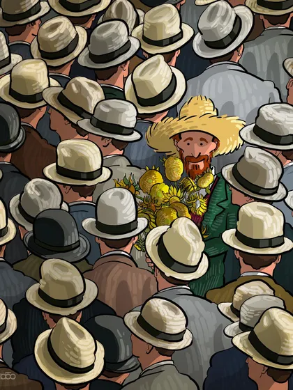 This piece is a commentary on individuality versus conformity. Amidst a crowd of identical grey hats, Vincent stands out, not just because of his straw hat but because he carries a bouquet of vibrant sunflowers. It’s a statement about daring to be different and holding onto what brings you color and life, even when you feel alone.