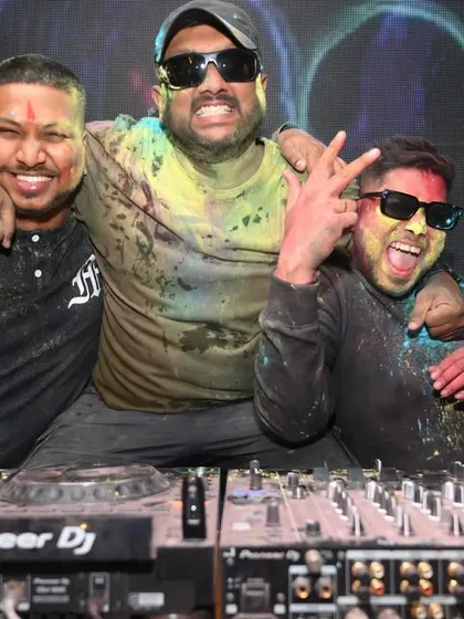 The crew behind the decks, making the Holi magic happen. We work hard to ensure the party is seamless and the energy never drops.
