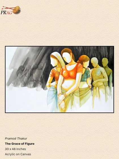 Pramod Thakur's "The Grace of Figure" has a beautiful, ethereal quality. The simple black frame provides a stark contrast to the soft, flowing lines of the figures, enhancing their gracefulness.
