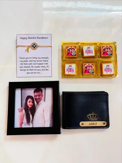 A complete Rakhi gift set for a brother. This hamper includes a personalized wallet, a photo frame with your favorite picture, festive chocolates, and a custom evil eye rakhi with his initial. It’s everything you need to make him feel loved.