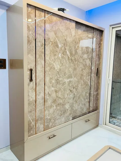 A perspective shot of the sliding wardrobe, showing its depth and the smooth glide of the doors.